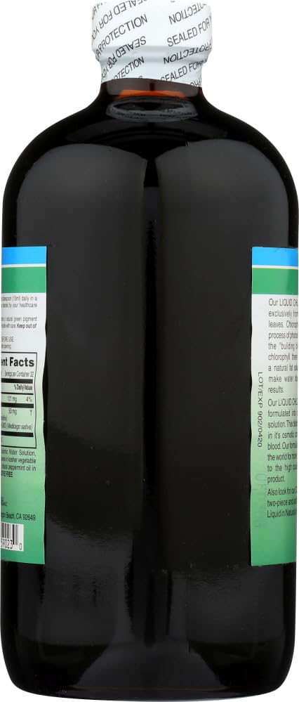 Close-up of World Organic Liquid Chlorophyll Mint label with ingredients