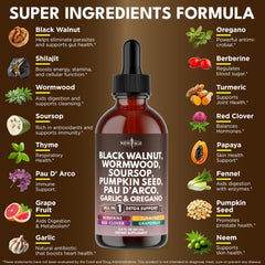 Wormwood, black walnut hull, garlic oil and pumpkin seeds highlighted for gut health