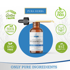 Label showing organic wormwood, alcohol-free and vegan attributes