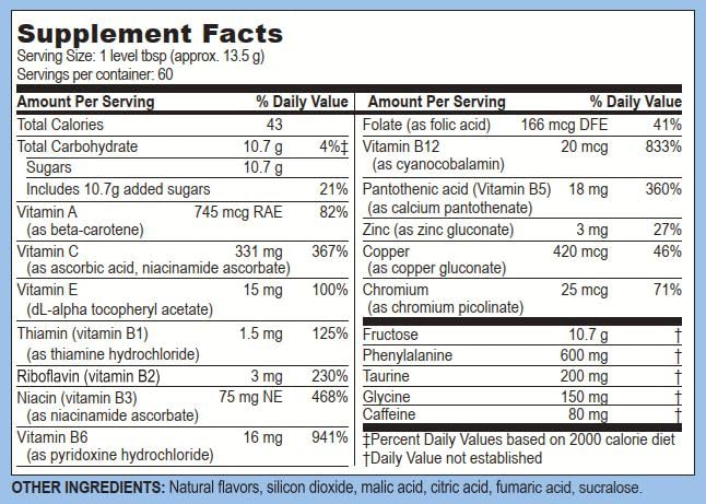 Close-up of WOW Drink Powder ingredients including B12, niacin, caffeine, taurine and vitamin C