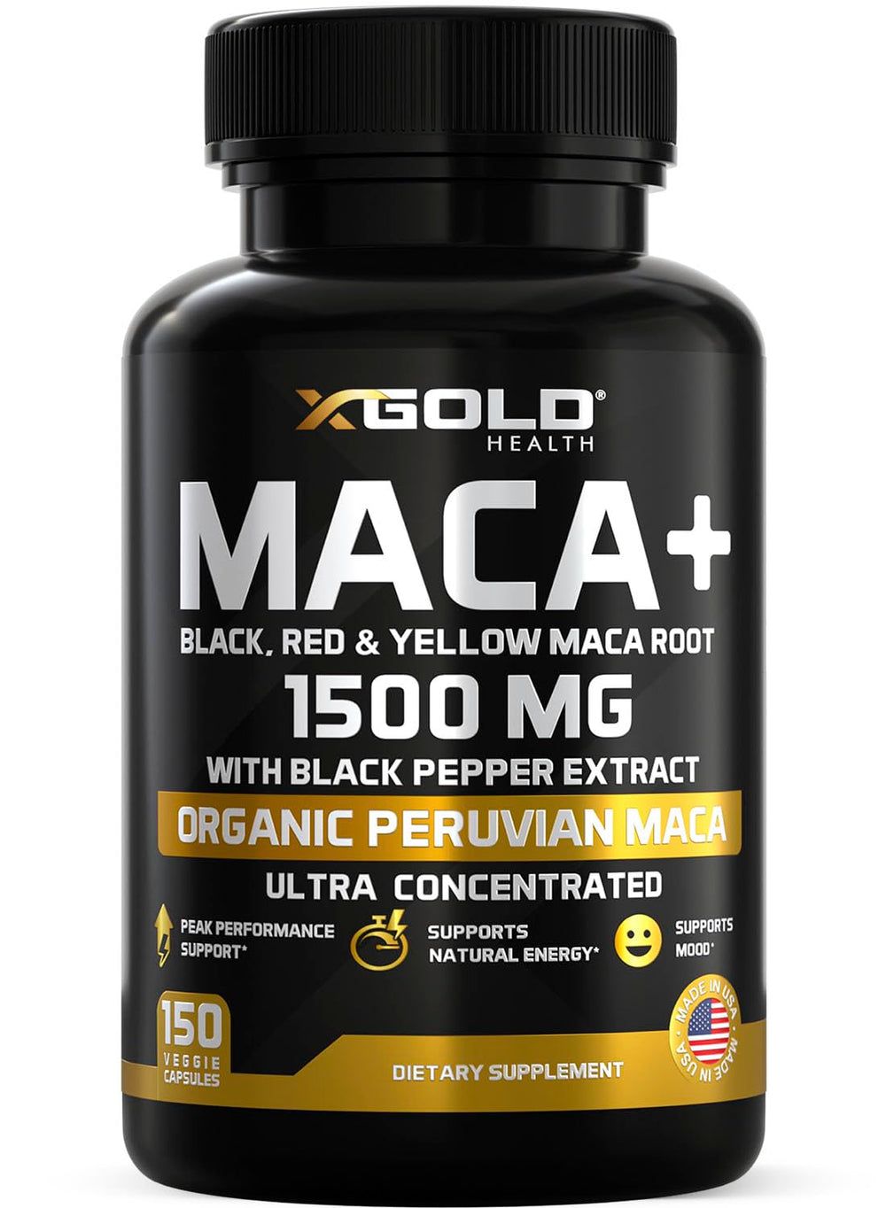 X Gold Health Maca Root Capsules 1500mg with black, red and yellow Peru maca