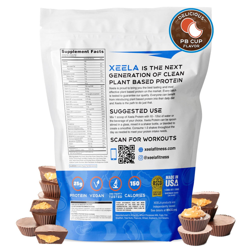 Scoop of Xeela plant-based protein powder next to tub