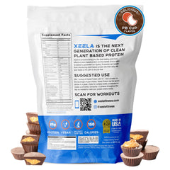 Scoop of Xeela plant-based protein powder next to tub