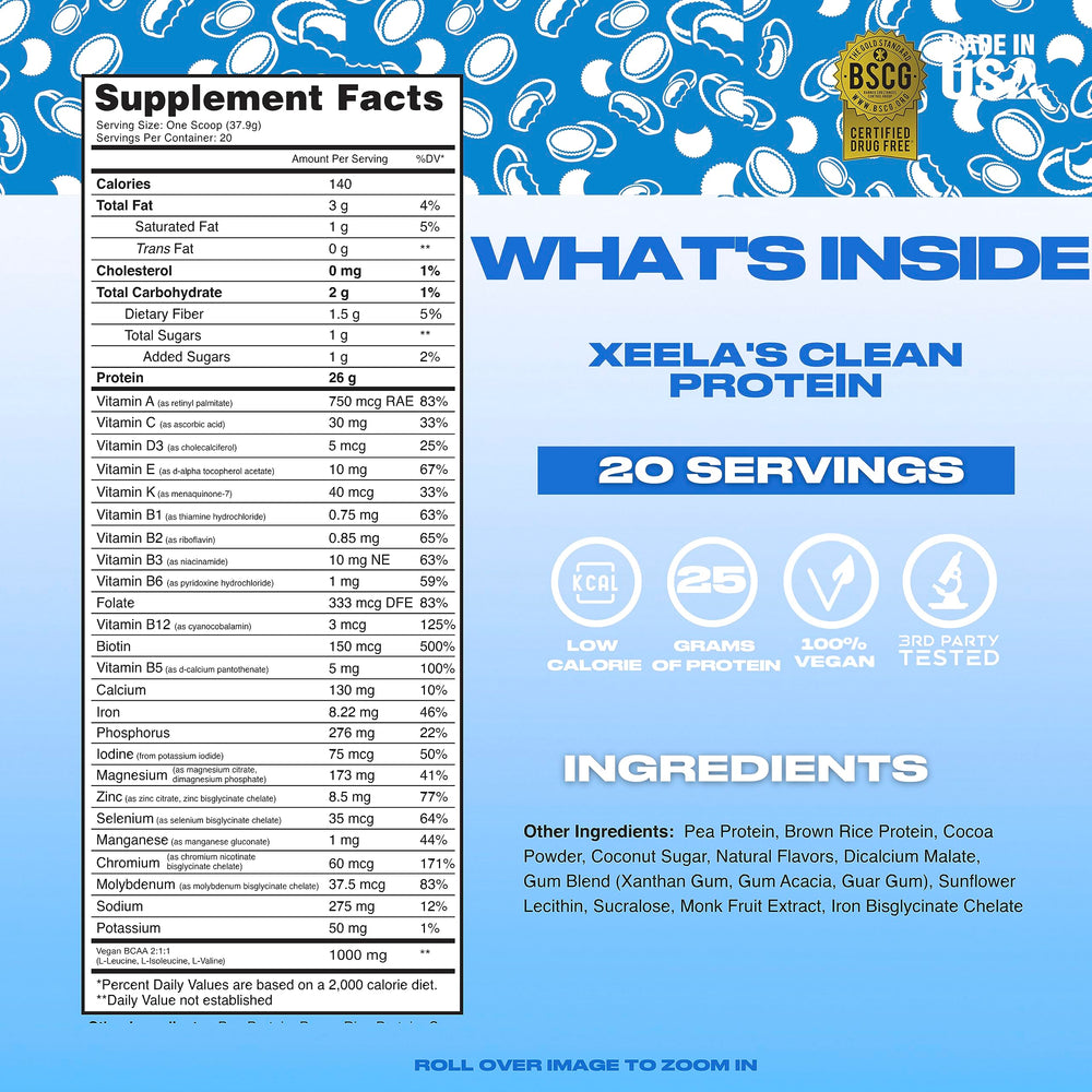 Serving XEELA plant-based protein powder in a glass with a smoothie