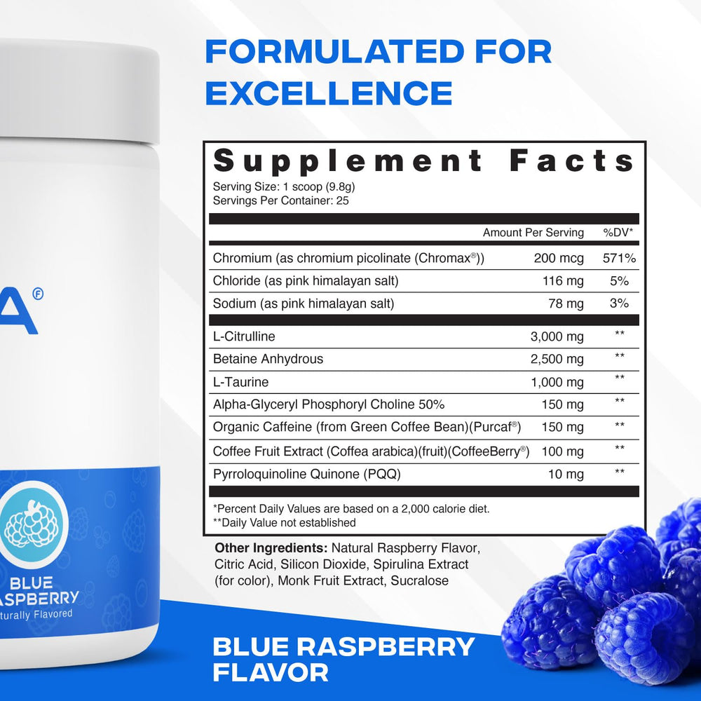 XEELA pre-workout blue raspberry tub open with scoop signals precise dosing for focus