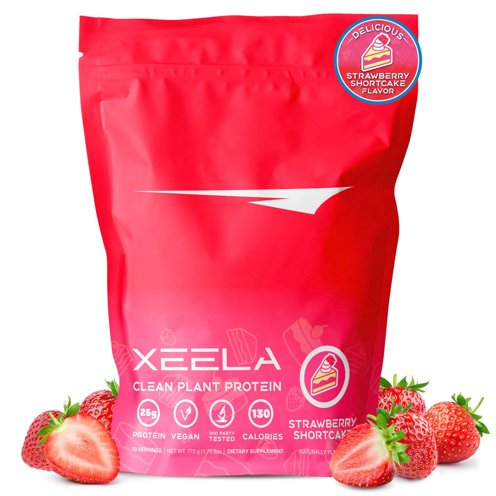 Xeela Strawberry Cake plant-based protein powder tub – front view