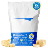 XEELA Plant Based Vegan Protein Powder Banana Split bottle and scoop
