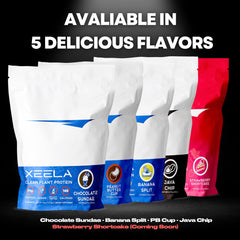 Serving scoop pouring XEELA Banana Split protein powder