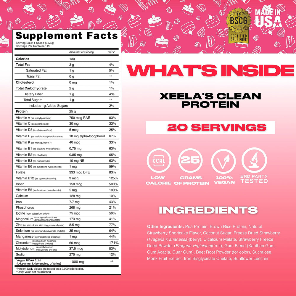 Xeela Strawberry Cake plant-based protein powder poured into a scoop