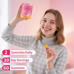 Lifestyle shot of a woman holding the bottle for vaginal health gummies