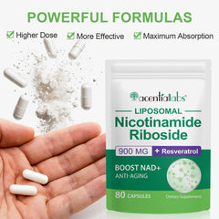 Ingredient label highlighting 900 mg Nicotinamide Riboside and Resveratrol