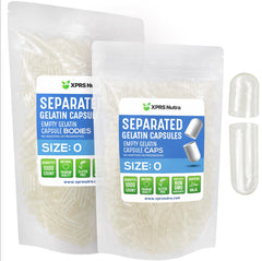 XPRS Nutra gelatin size 0 separated capsules in a clear bag