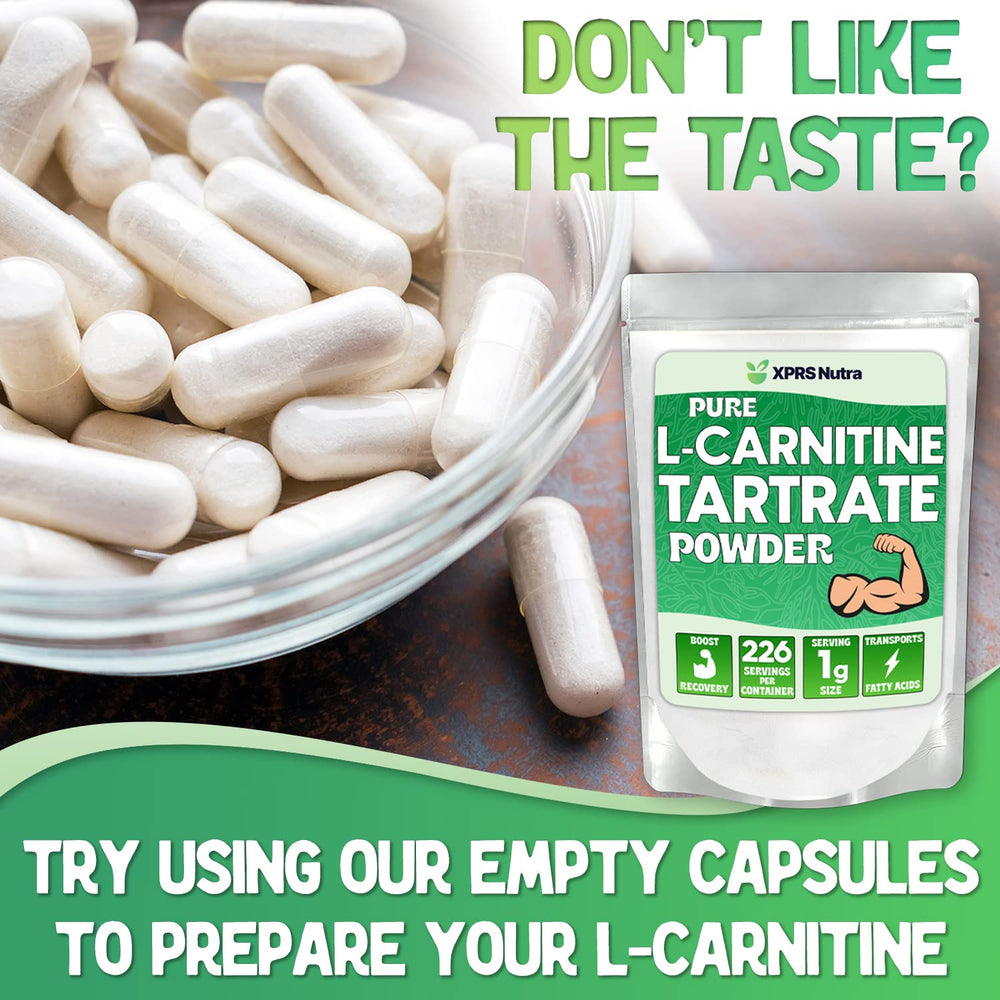 XPRS Nutra L-Carnitine Tartrate powder in a shaker suggests on-the-go energy supplementation.