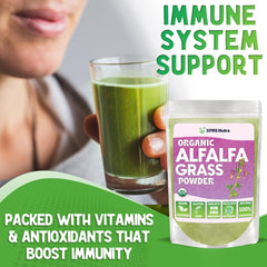 Alfalfa powder being added to a smoothie