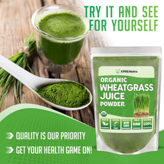 Close-up of label showing organic wheatgrass juice powder ingredients