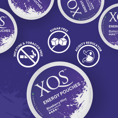 XQS on-the-go energy snack image shows portable caffeine without sugar or nicotine.