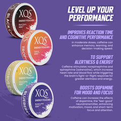XQS Tropical flavor pouch close-up highlighting bold taste and quick energy.