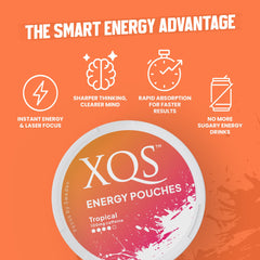 XQS zero sugar, nicotine-free energy pouch label
