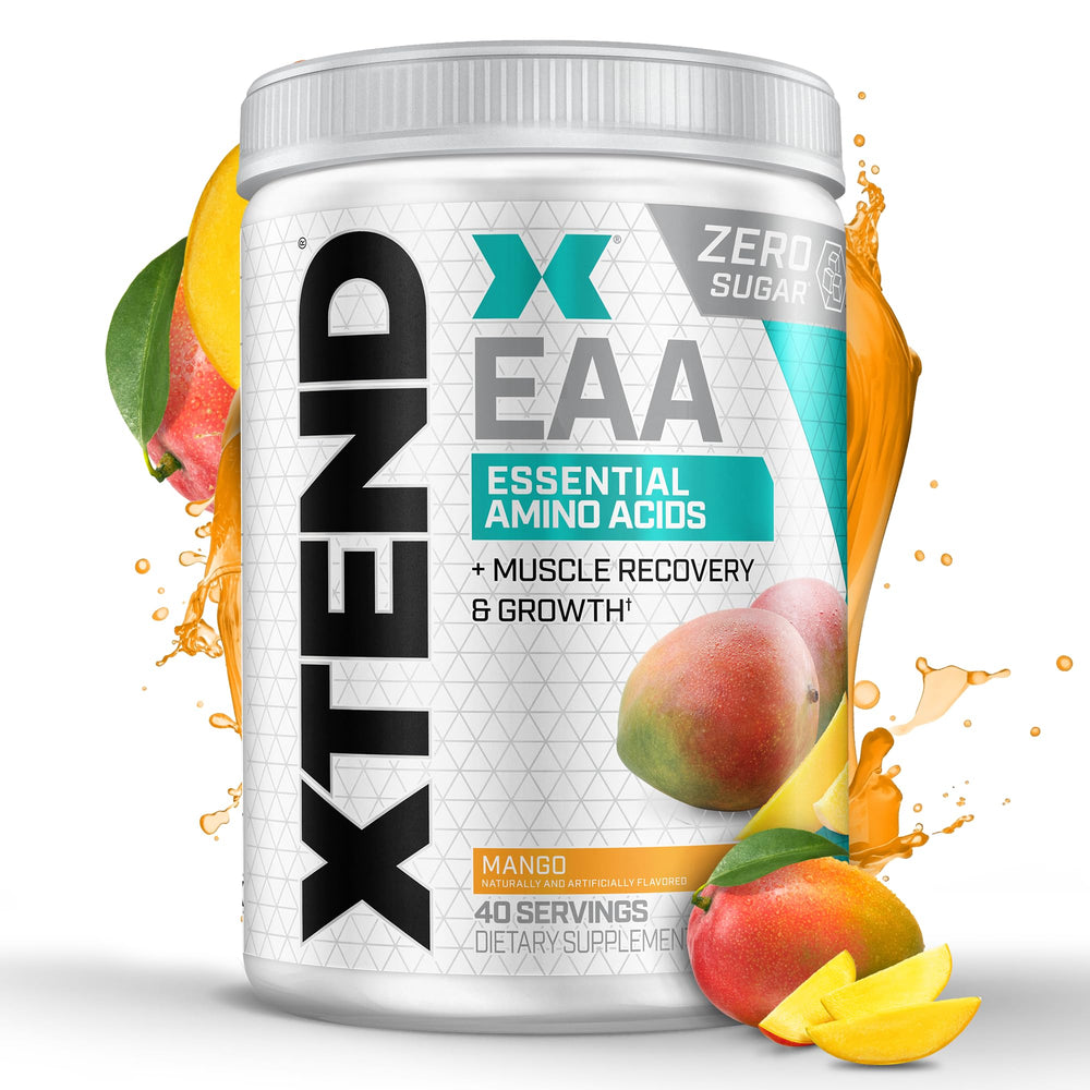 Front view of XTEND EAA + BCAA powder Mango 40 servings bottle