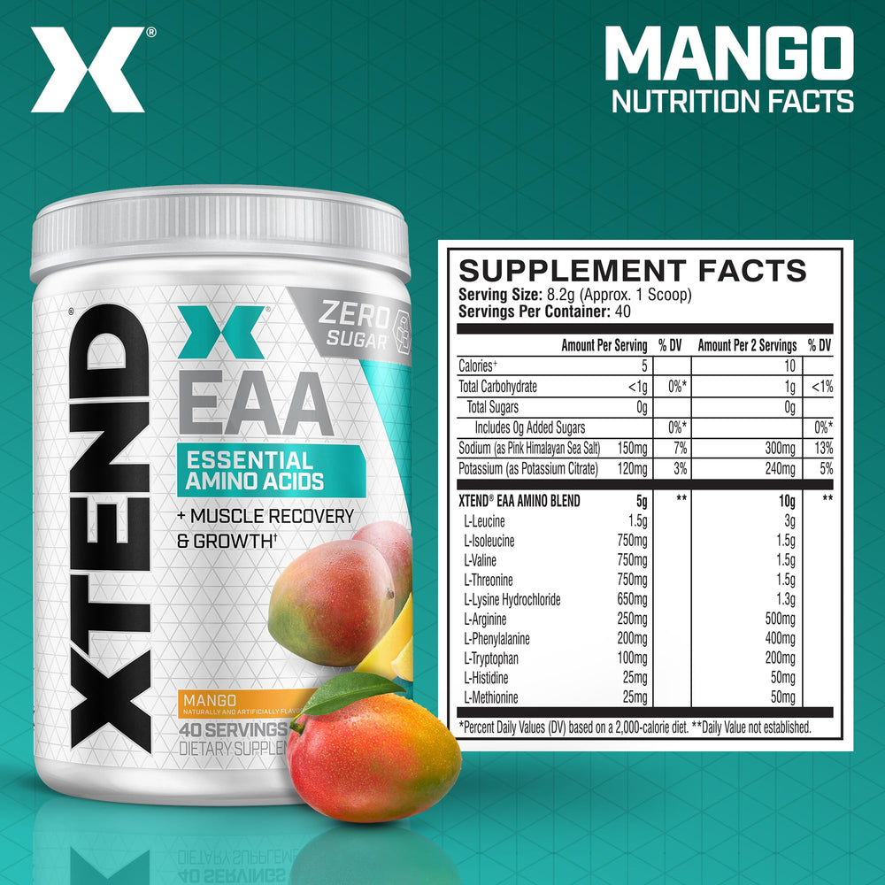Close-up of XTEND EAA + BCAA powder scoop with mango flavor