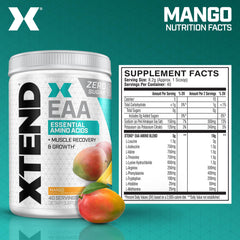 Close-up of XTEND EAA + BCAA powder scoop with mango flavor