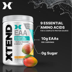 Box and tub of XTEND EAA + BCAA powder Mango flavor