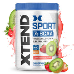 XTEND Sport BCAA Powder Strawberry Kiwi Splash front label with scoop