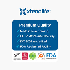 Xtendlife VasQFlow label closeup communicates quality and GMP-certified manufacturing credibility.