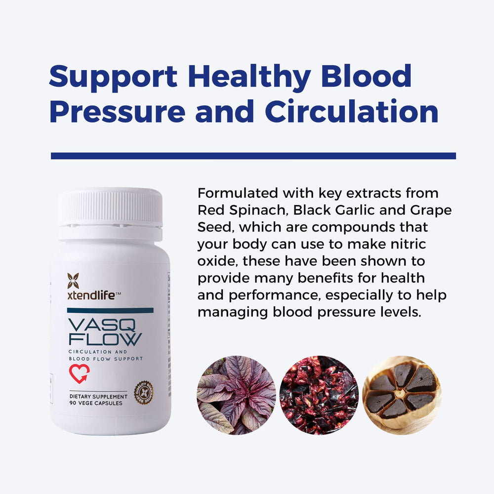 Xtendlife VasQFlow New Zealand grape seed capsules showcase antioxidants aiding nitric oxide synthase.