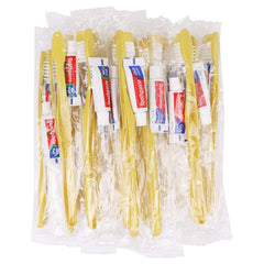 Front view of Xuezoioy disposable toothbrushes with toothpaste 50-pack yellow and individually wrapped