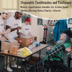 Individually wrapped disposable toothbrushes with toothpaste for homeless care kits