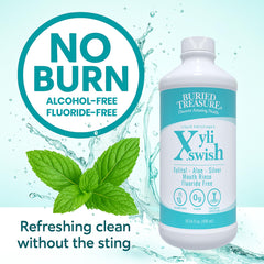 Side view of Xyli Swish mouthwash bottle highlighting packaging