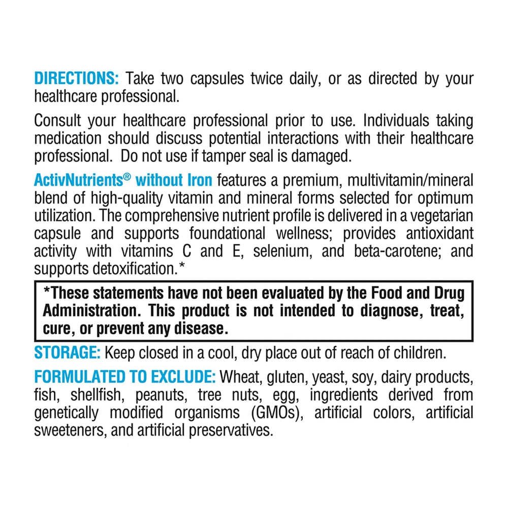 Nutrition facts panel for XYMOGEN ActivNutrients Without Iron