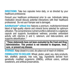 Nutrition facts panel for XYMOGEN ActivNutrients Without Iron