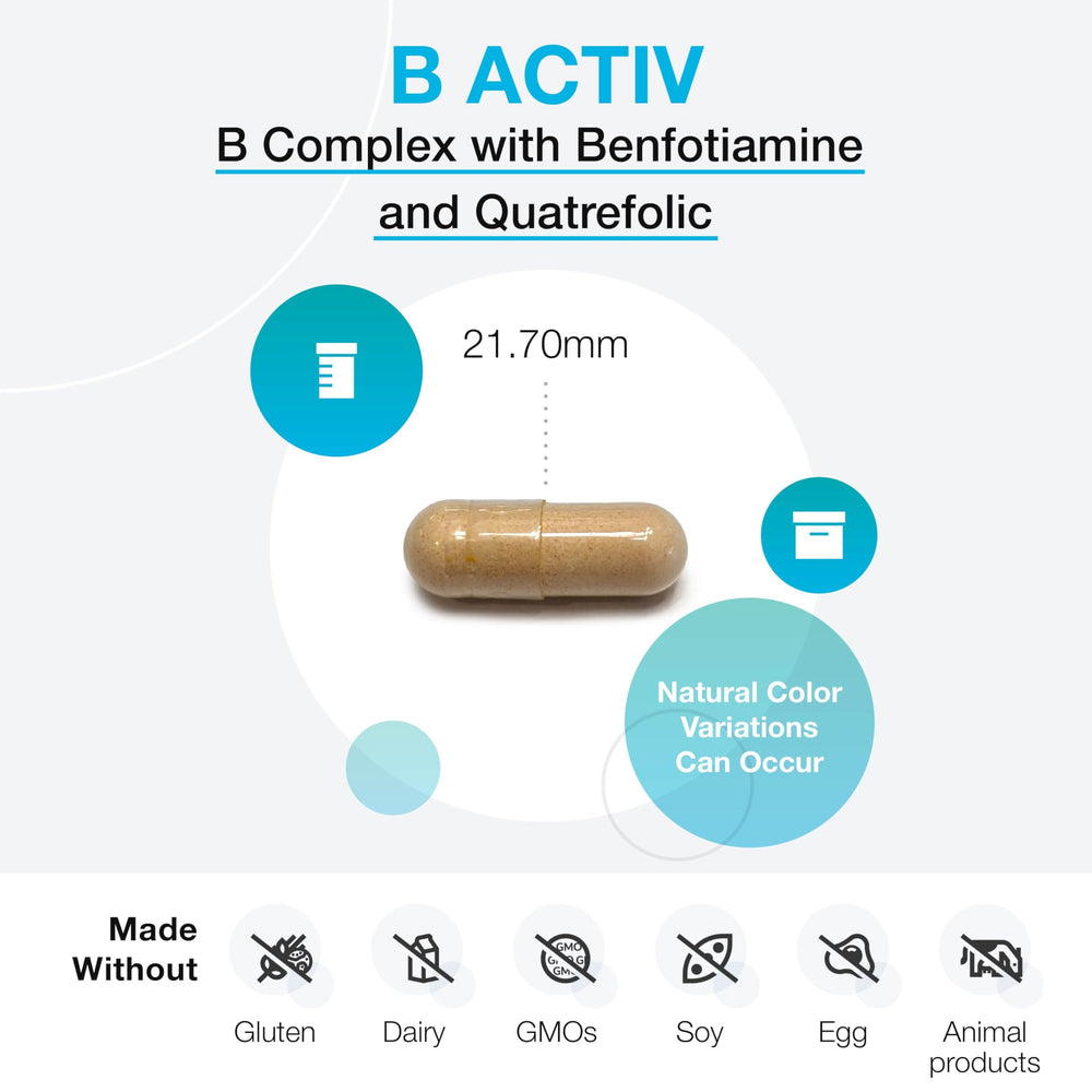 Benfotiamine and B vitamin capsules close-up