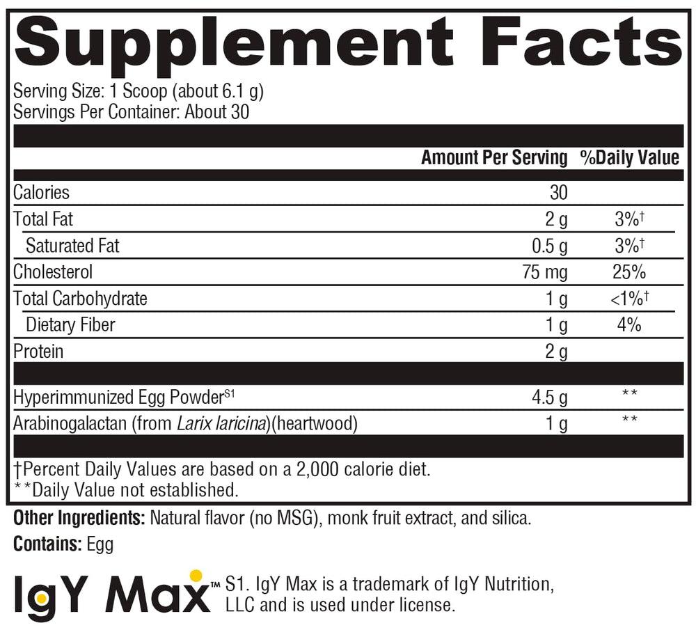 Dairy-free immunoglobulins and arabinogalactan on packaging