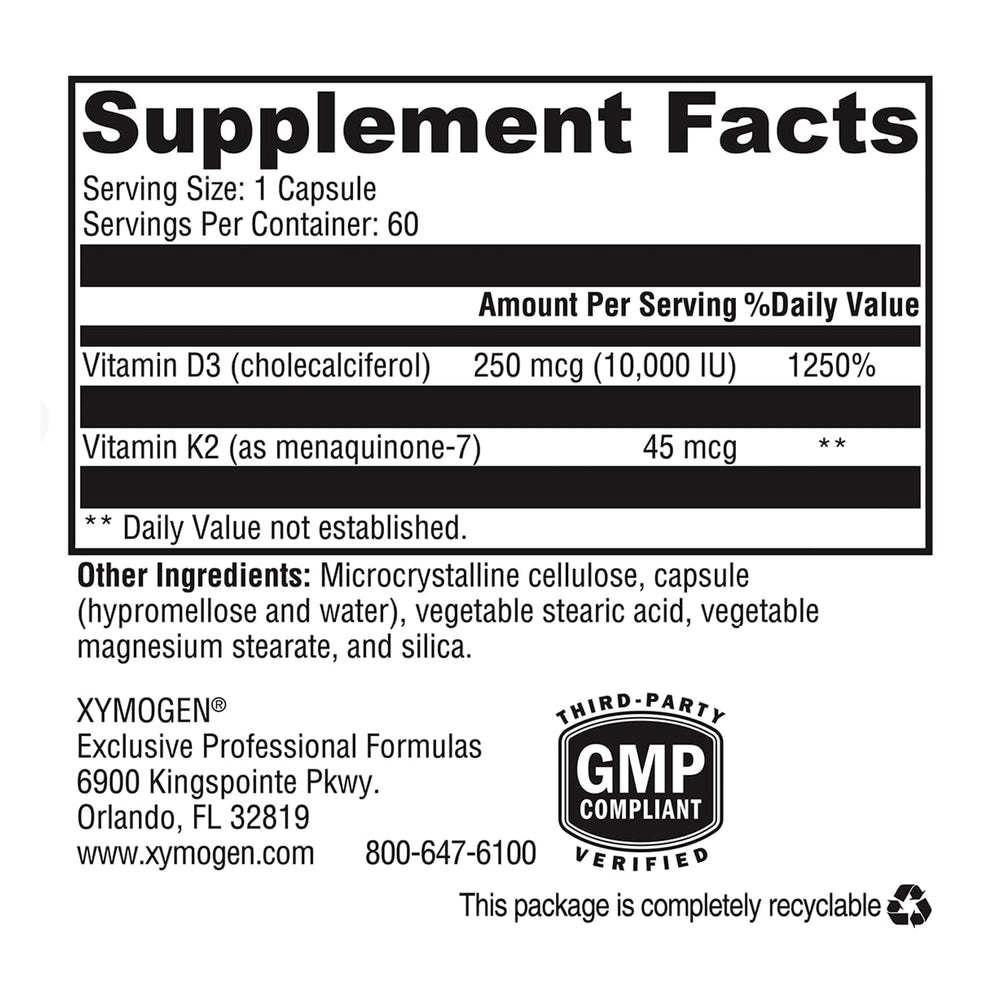 Supplement facts panel showing D3 and MK-7