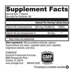 Supplement facts panel showing D3 and MK-7