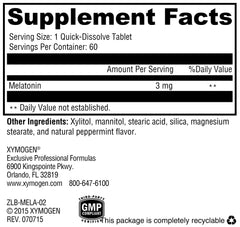 Back packaging with nutrition facts for XYMOGEN Melatonin Peppermint Lozenges