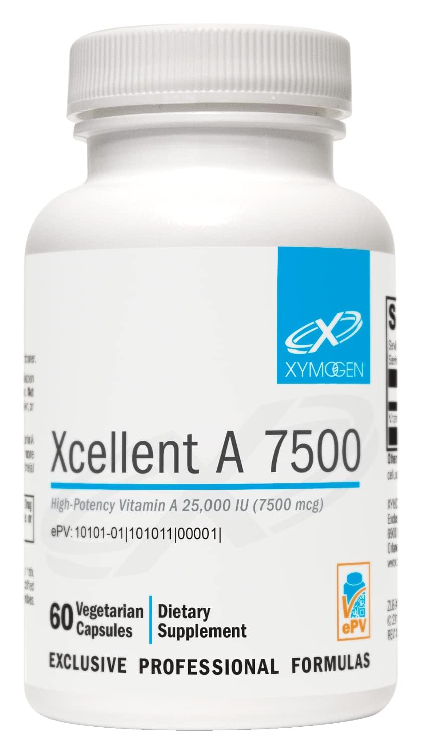 XYMOGEN Xcellent A 7500 Vitamin A bottle label close-up