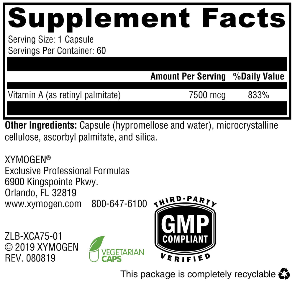 Front view of XYMOGEN Xcellent A 7500 bottle with 60 capsules visible