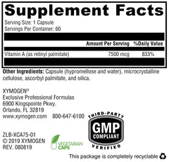 Front view of XYMOGEN Xcellent A 7500 bottle with 60 capsules visible