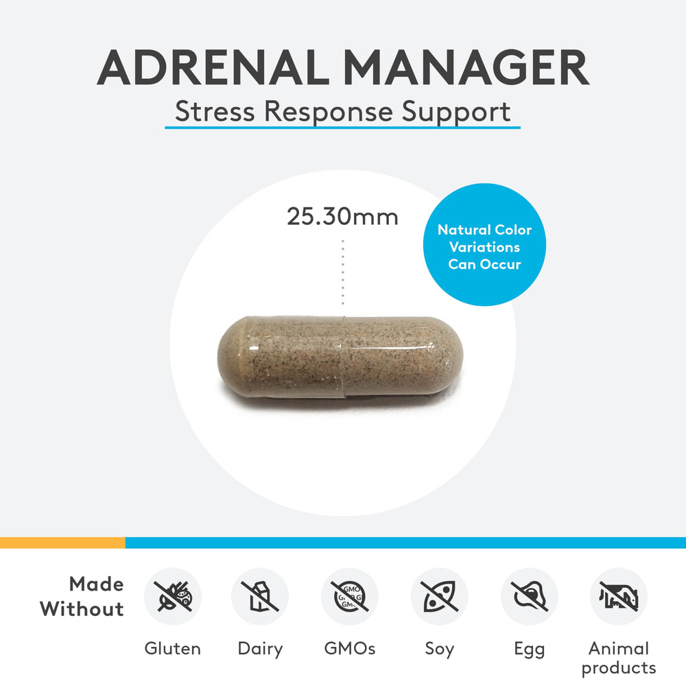 Close-up of XYMOGEN Adrenal Manager bottle and cap