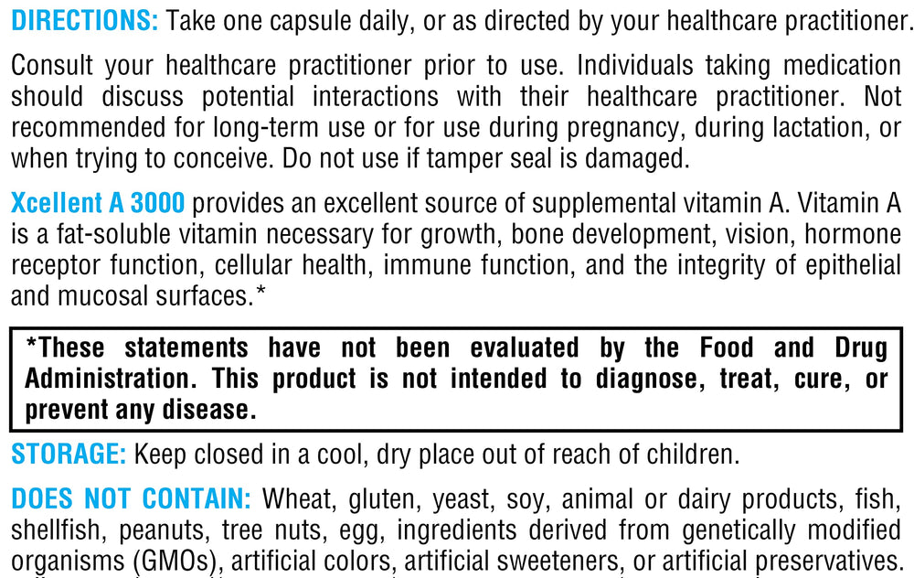 Retinyl palmitate ingredient on XYMOGEN Xcellent A 3000 label
