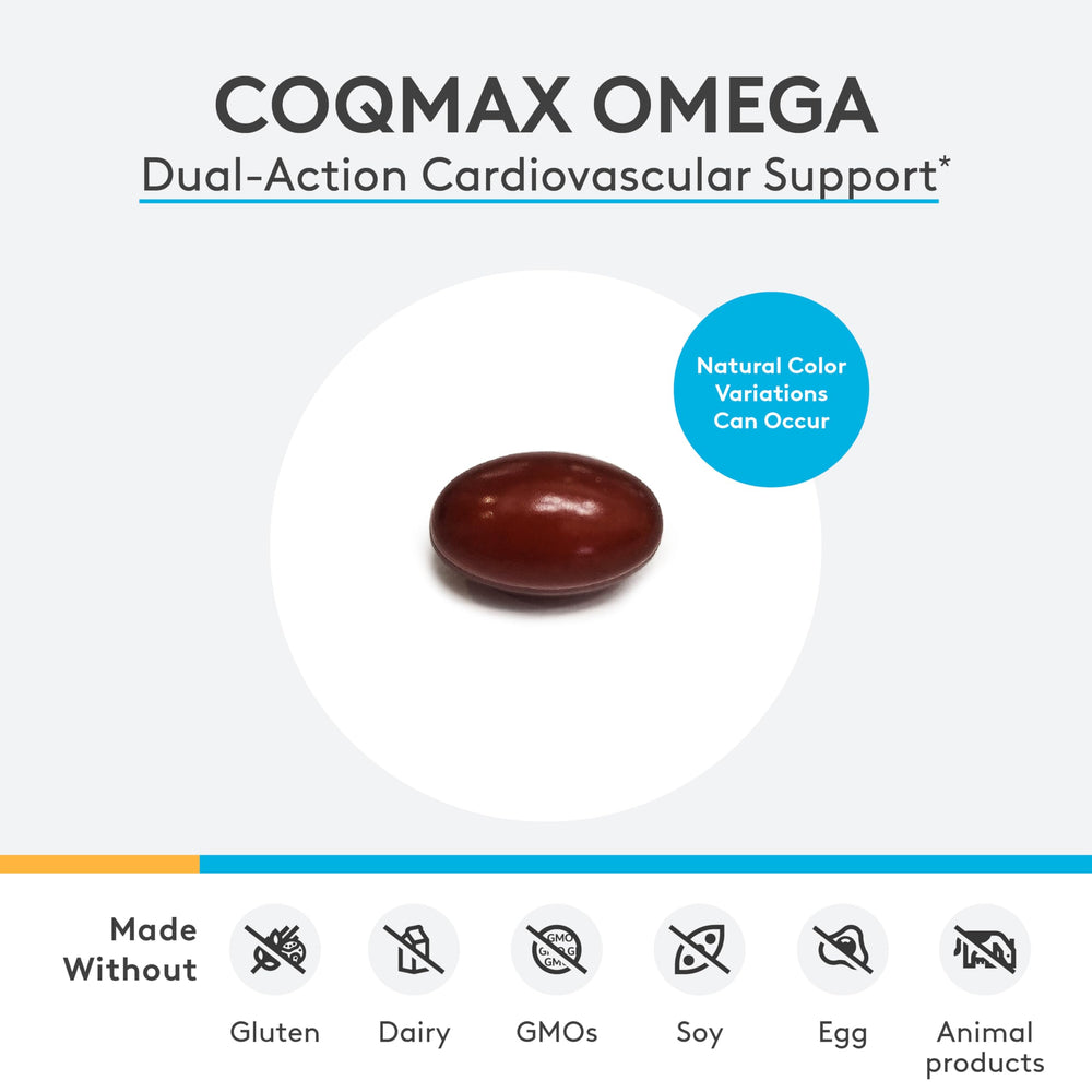 CoQmax Omega bottle label showing CoQ10 + omega-3