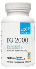 Front view of XYMOGEN D3 2000 softgel bottle