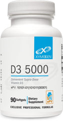 Front label of XYMOGEN D3 5000 bottle displaying 90 softgels