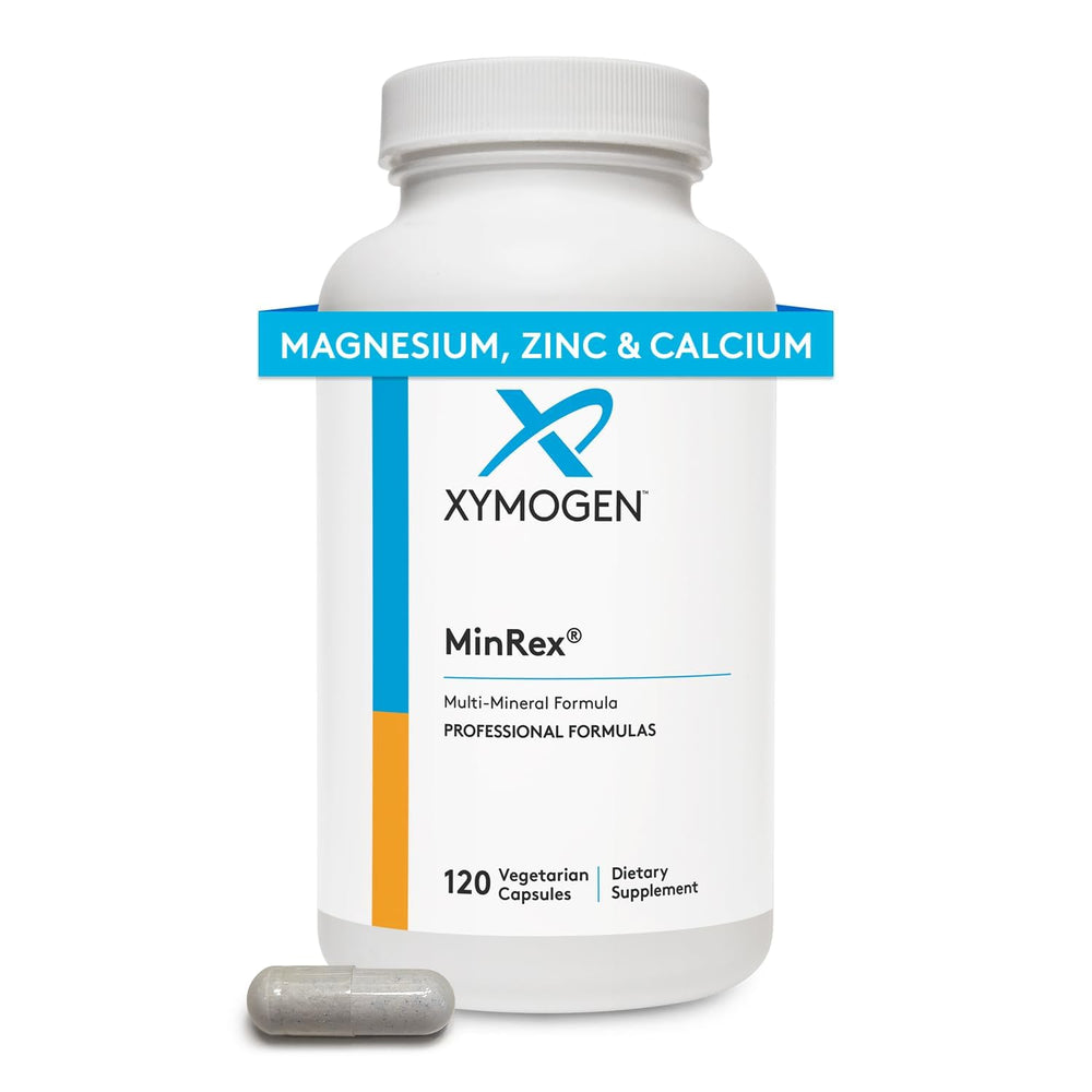 Bottle of XYMOGEN MinRex Multi-Mineral supplement with label showing minerals