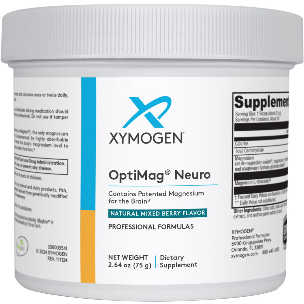 Front view of XYMOGEN OptiMag Neuro mixed berry powder