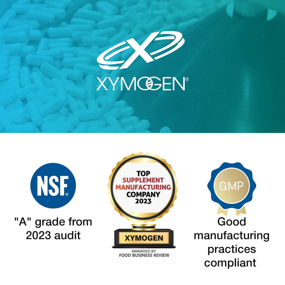 XYMOGEN label detail showing ingredients and allergen-free claims for consumer confidence